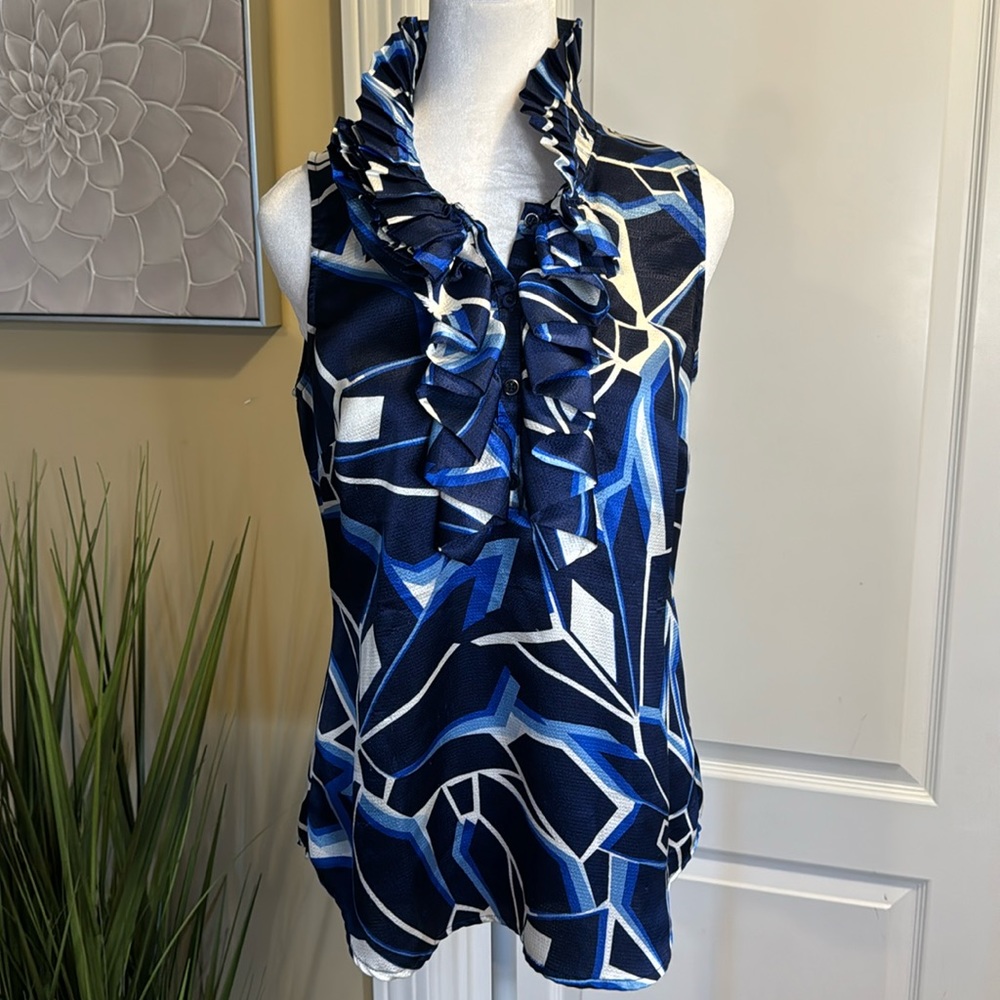 New York and Company Blouse with Blue and White Print – Size 8